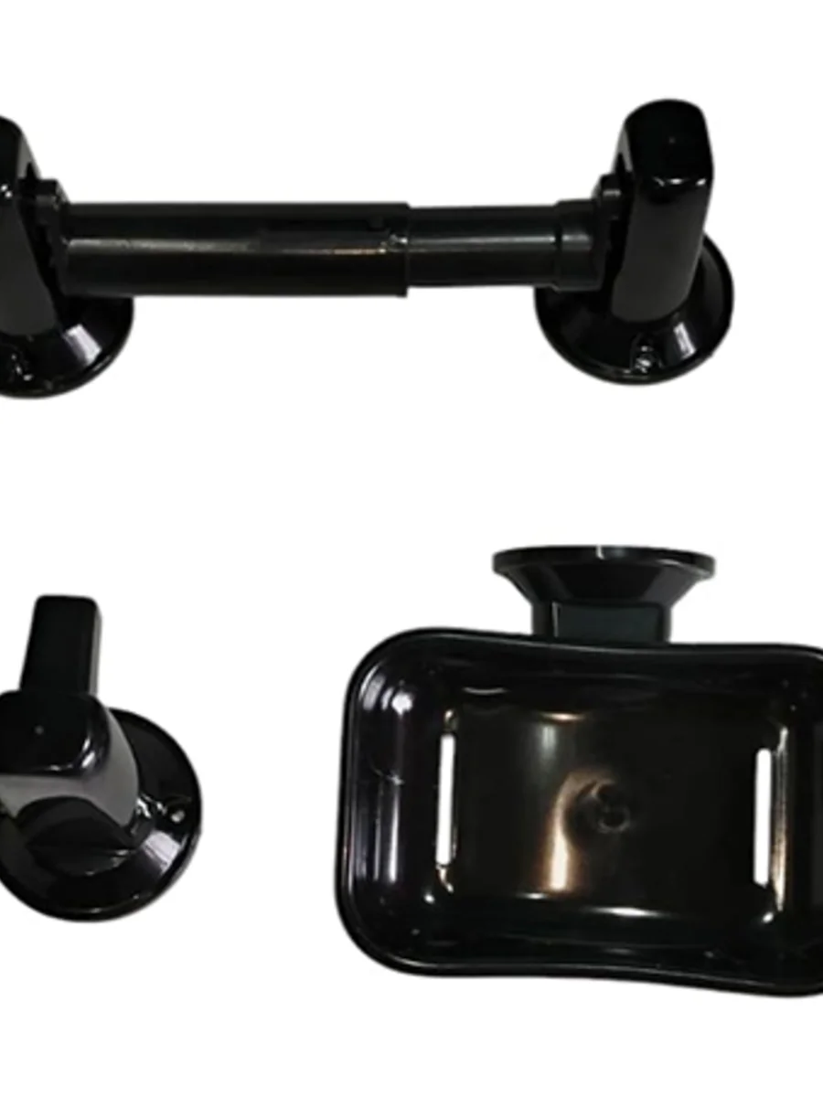 Set de accesorios plásticos para baño en acabado negro: portarrollos, gancho y jabonera — Pacific Group