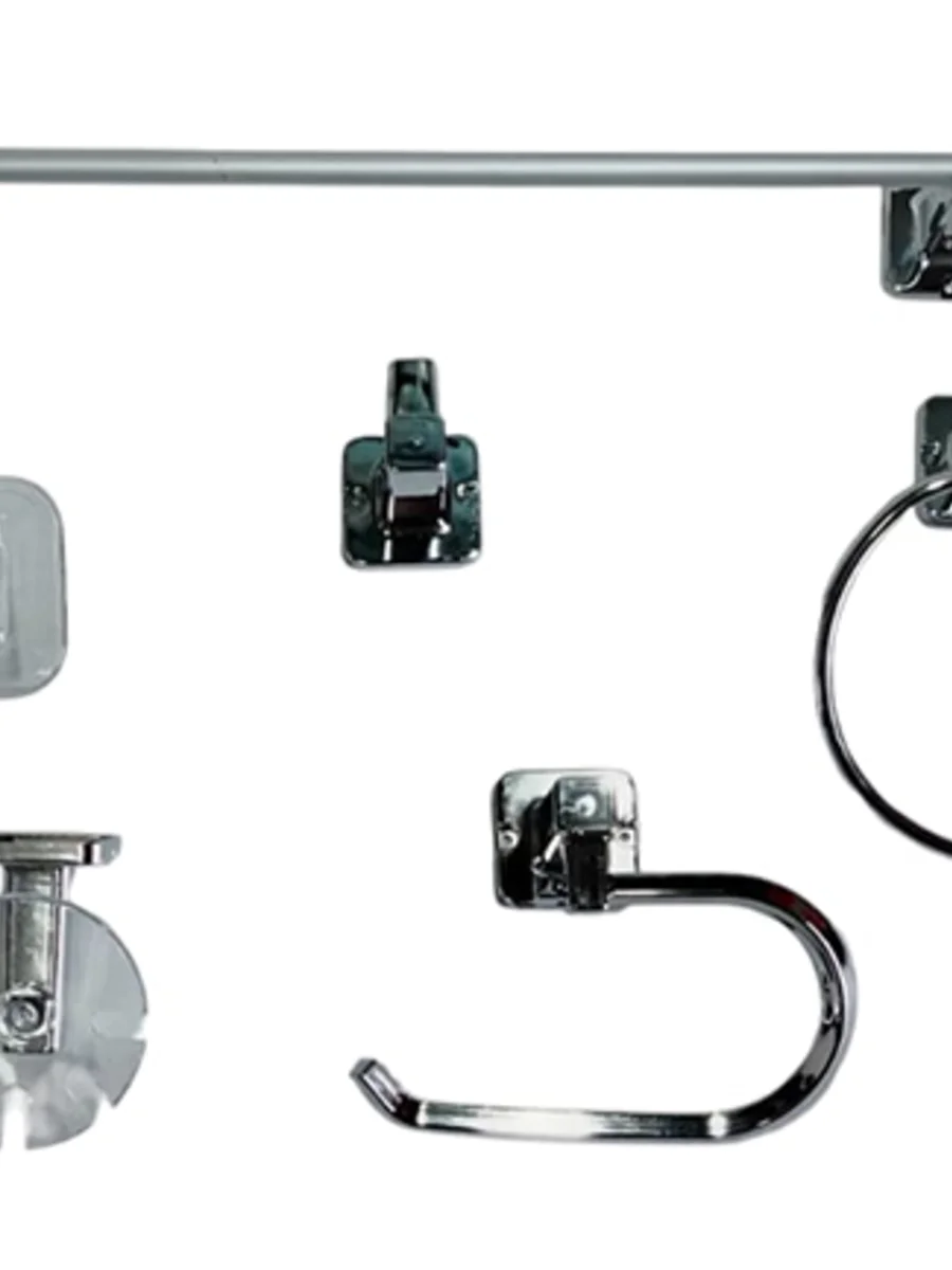 Set de accesorios plásticos para baño en acabado cromado: toallero, portarrollos, jabonera, argolla y gancho — Pacific Group