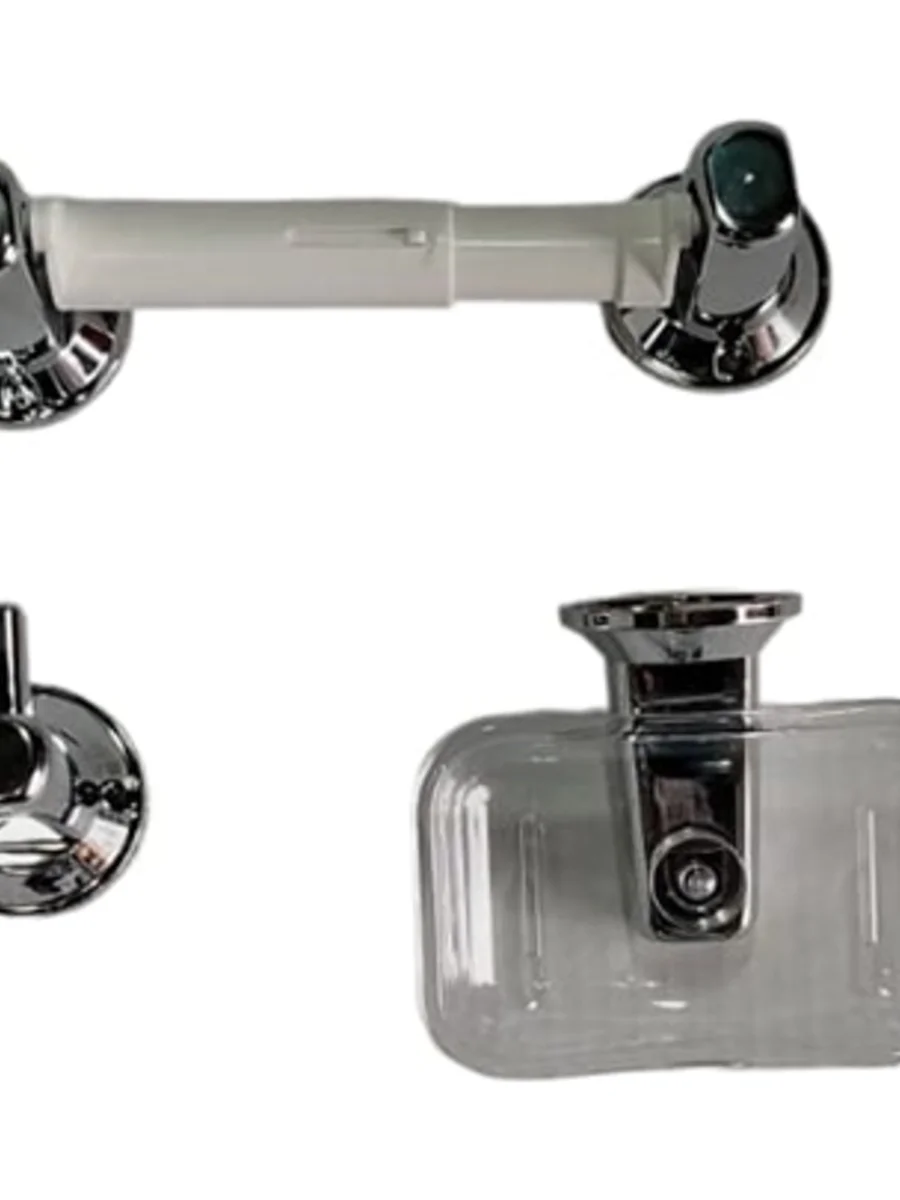 Set de accesorios plásticos para baño con detalles cromados y blancos: portarrollos, gancho y jabonera — Pacific Group